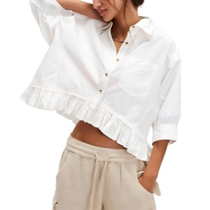 Blusas y Camisas Casuales de Nuevo Estilo para Mujer, Tela de Lino y Algodón, Camisa Sexy para Mujer con Cuello con Volantes, Estilo Regular - Product Image 1