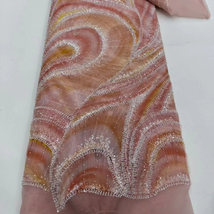 スパンコール刺繍入りメッシュレースフランスレース生地結婚式用グラデーションブライダルグアテマラピーチビーズレース - Product Image 1