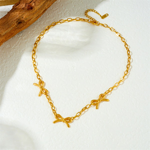 Gold Plated Stainless Steel Bowknot Chain Necklace Fashion Minimalist Punk Retro Accessory Jewelry For Women N3209 - Product Image 3
