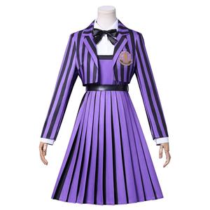 Costume de cosplay de <span class=keywords><strong>la</strong></span> saison 2 de Hot Wednesday, jeu de rôle d'Halloween, drame américain, <span class=keywords><strong>famille</strong></span> <span class=keywords><strong>Addams</strong></span>, jupe d'uniforme scolaire à rayures violettes Yinde - Product Image 5