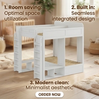 Lit superposé triple blanc moderne avec deux échelles latérales, compartiment de rangement ouvert, sommier à lattes en pin, support de matelas, cadre de couchage sécurisé pour enfants