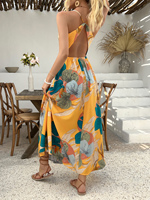 Robe longue bohème florale jaune pour femme, imprimé tropical, bretelles spaghetti, col en V, fente haute, décontractée, pour l'été et la plage