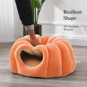 Lit-caverne pour <span class=keywords><strong>chat</strong></span> en velours côtelé floral, design fermé à capuche, garnissage en <span class=keywords><strong>mousse</strong></span> à mémoire de forme, dessus motif feuille verte, amovible et lavable, pour chats - Product Image 3