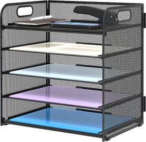 2023Amazon Bestseller 5 Bakjes Papieren Organizer Met Handvat Mesh Bureau Dossier Organizer Zwart Papier Sorteerder Kantoor Home School