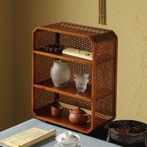 Estante de exhibición antiguo de bambú tejido y lacado, nuevo armario multiusos de estilo chino, accesorios para la ceremonia del té, caseta para té, té - Product Image 1