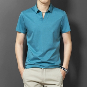 T-shirts d'été personnalisés pour hommes, tricotés à manches courtes, style <span class=keywords><strong>polo</strong></span> à col rabattu, couleur unie, basique simple, vente en gros - Product Image 2