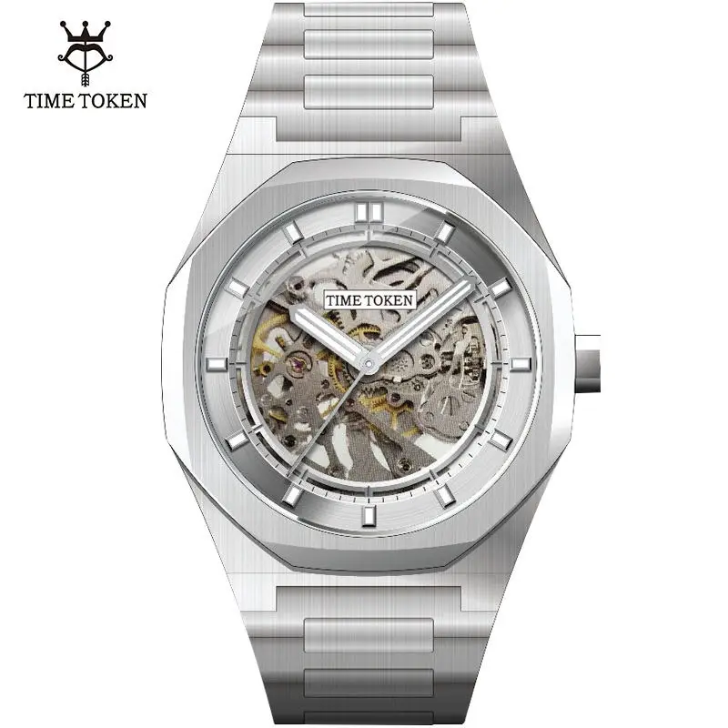 Jam tangan mekanis otomatis Skeleton mewah kustom untuk pria merek jam tangan Logo Anda sendiri