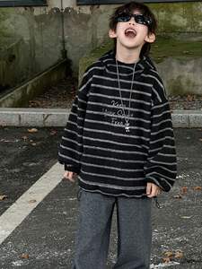 Ropa Deportiva Teñida para Niños, Primavera y Otoño, Nueva Sudadera con Capucha a Rayas, Terciopelo Cálido, Moda Deportiva Infantil - Product Image 6