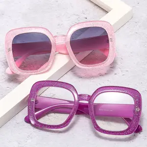 QSKY glitter pink blinged quare frame plastic oversized eyewear eyeglasses candy color lens shades sunglasses