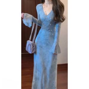 Elegante Vestido Largo con Estampado Floral Azul, Cuello en V, Cintura Natural, Transpirable, para Salir de Fiesta - Product Image 1