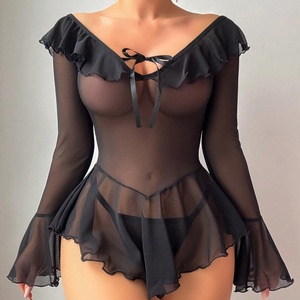 Sous-vêtements pour femmes à manches longues de couleur unie, lingerie sexy transparente à volants - Product Image 3
