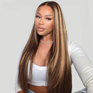 Peluca de <span class=keywords><strong>Cabello</strong></span> Humano Virgen Brasileño Liso Pre-cortado, con Encaje Frontal HD 13x6, sin Pegamento, Pre-arrancado, Rubio Miel, 4/27 Highlight - Product Image 1