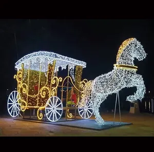 2023クリスマスの結婚式の装飾のための新しい屋外大型白色照明付き3DLEDクリスマス馬車の彫刻
