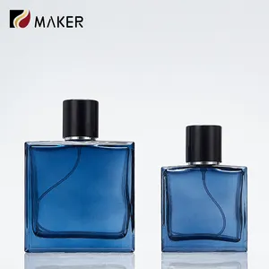 High End Square Mist Spray Pump Parfums Bottle Wholesale Custom Logo Empty 50ml 100ml Men Blue Perfume Glass Bottle With Lid