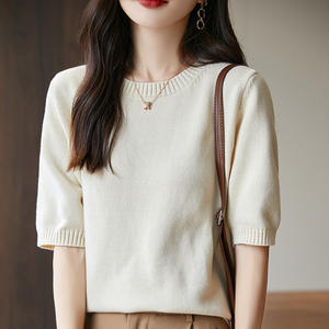 Camiseta de punto de manga corta para mujer, cuello redondo, holgada, talla grande, doble elasticidad, gruesa, antipilling, color liso, para uso diario - Product Image 4