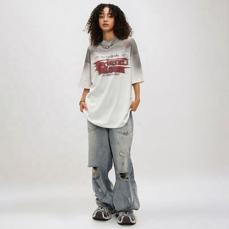 Rainbow Retro Printed Oversize Short Sleeve Men's T-shirt Summer Low Moq Shade Spray Paint Dip Dye Technique Loose Fit