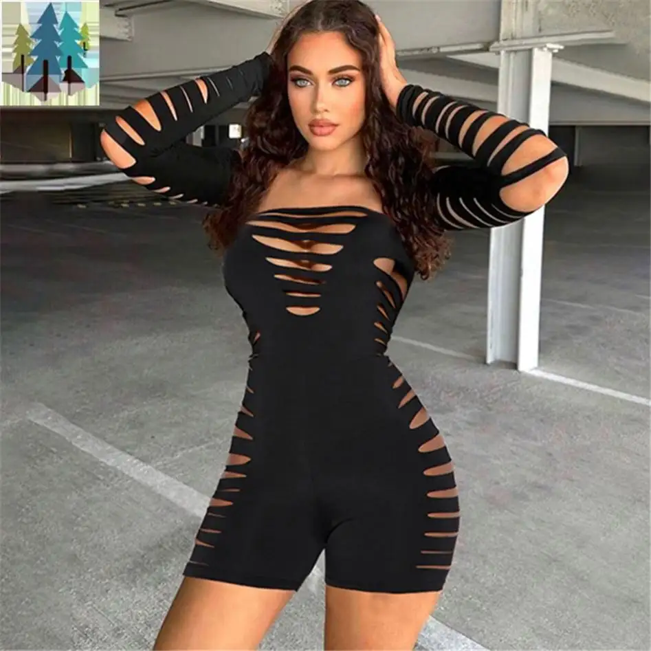 Women's Casual Fitness Jumpsuit One-Shoulder Long Sleeved Spring Hole Shorts Printed Polyester Spandex Material One Size