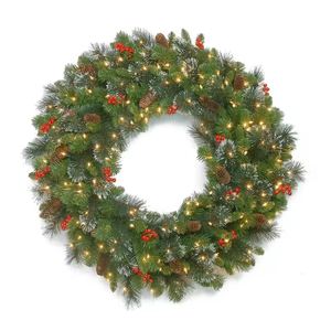 24 Inch LED Pre-Lit Artificial Christmas <b>Wreath</b> Handmade Eco-Friendly Decorated with Pine Cones and Frosted Branches - Product Image 2