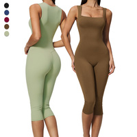 Combinaison de yoga une pièce pour femme FLT3533, col carré, sans manches, longueur genou, avec design taille haute et effet push-up pour le sport