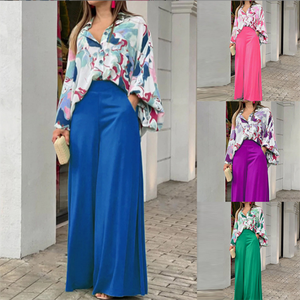 Automne imprimé costumes décontractés lâche <span class=keywords><strong>grande</strong></span> <span class=keywords><strong>taille</strong></span> revers chemises <span class=keywords><strong>taille</strong></span> haute <span class=keywords><strong>pantalon</strong></span> à jambes larges ensembles pour femmes - Product Image 3