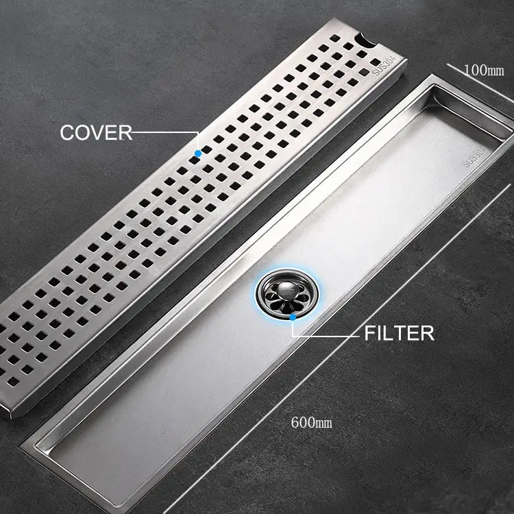 400/500/600 mm long bathroom linear floor drain removable Stainless Steel 304 shower floor drain