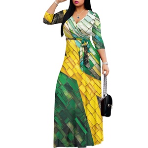 Hermosos vestidos de diseño jamaicano para damas Casual A-Line Slim Fit cuello en V 3/4 manga lazo cintura cinturón vestido vestidos de fiesta para mujeres - Product Image 3