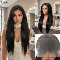 Perruque complète en cheveux humains noirs lisses, longue perruque à dentelle frontale transparente pour usage quotidien