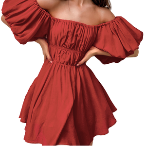 Vestido Mini de Verano Casual Rojo con Hombros Descubiertos, Mangas Abullonadas, Corte en A, Color Sólido, Cintura Elástica y Ajuste Holgado para Mujer - Product Image 1