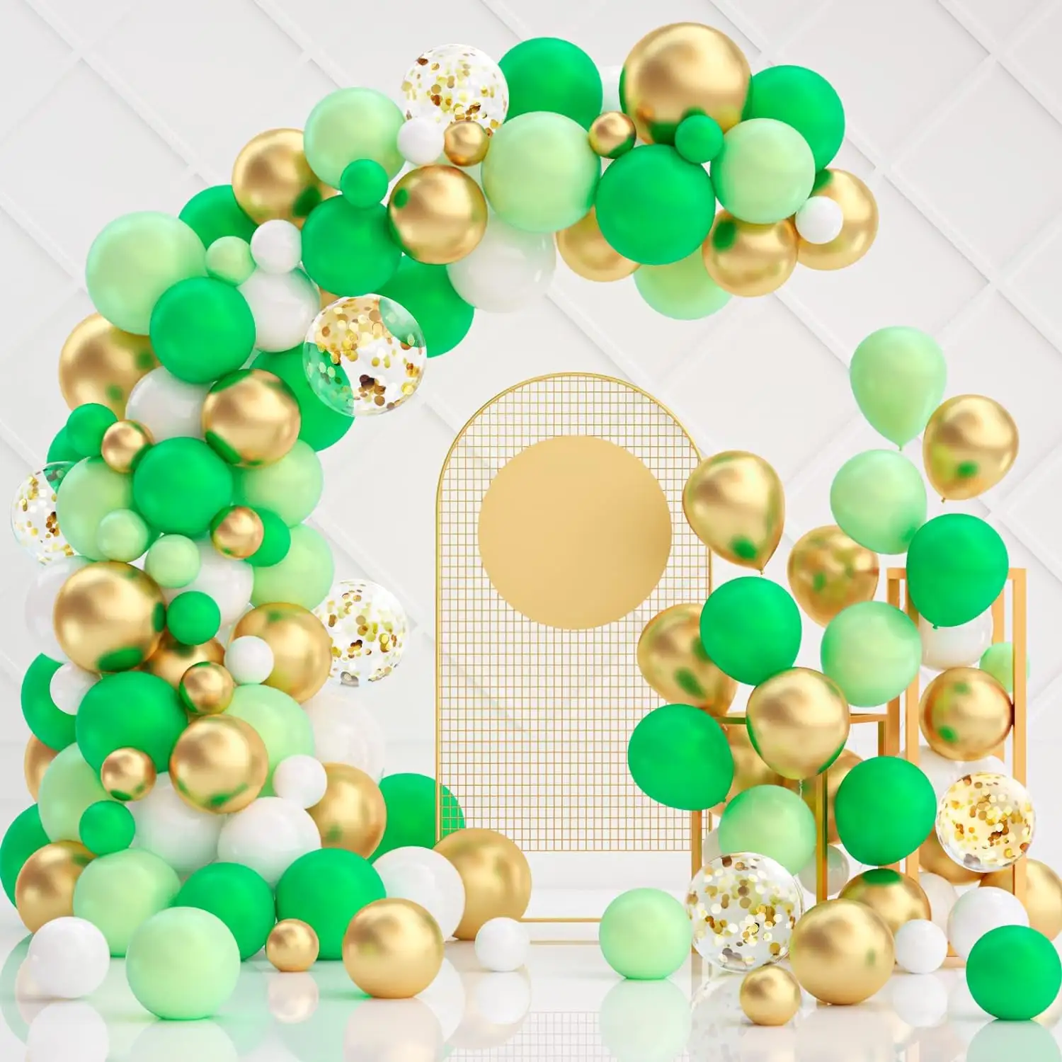 जन्मदिन की पार्टी की सजावट के लिए JYAO हरे और सुनहरे गुब्बारे 125 पीसी हरे सफेद सोने के कंफ़ेटी गुब्बारे माला आर्क किट