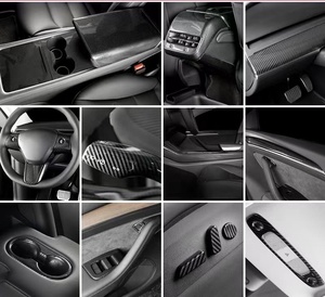 แผ่นปิดแผงหน้าปัดรถยนต์ขอบประตูสำหรับ Tesla โมเดล3 Y อุปกรณ์ตกแต่งภายใน2023คาร์บอนไฟเบอร์แห้งสติกเกอร์ตกแต่งคอนโซลกลางรถยนต์ - Product Image 2