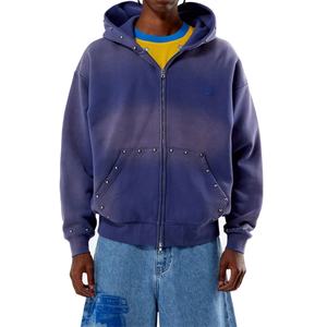 Sweat à capuche zippé intégral Streetwear pour Hommes, avec logo personnalisé, clouté métallique, en molleton épais délavé effet vieilli, coupe oversize - Product Image 1