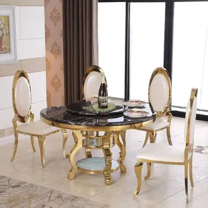 Mesa de jantar pequena moderna para economia de espaço, mobília de jantar para casa, restaurante, mesa de jantar redonda em aço inoxidável dourado e marmore, conjunto com 6 cadeiras