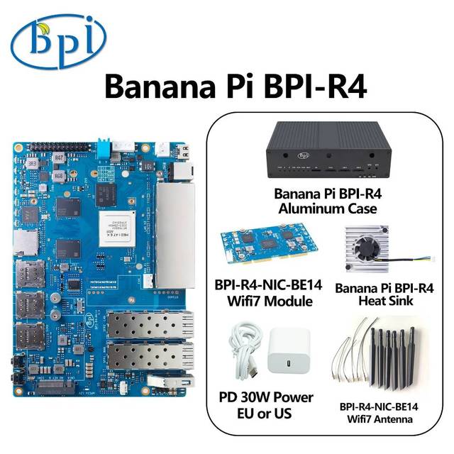 Banana Pi BPI-R4 MediaTek MT7988 (Filogic 880) Wi-Fi 7 Router with 8GB DDR4 RAM + 8GB EMMC FlashMade in China