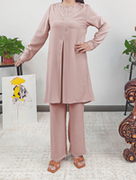 Modeste musulman vêtements arabe femmes chic deux pièces tenue élégant solide col rond dentelle longue chemise large jambe pantalon costumes