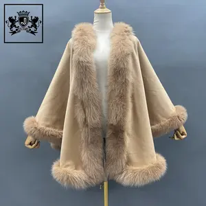 100% 羊绒米色编织披肩纯色围巾配纯羊绒天然狐狸毛披肩