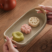 Panier de service ovale en céramique avec poignées en corde tressée, en grès beige mat, pour fruits et pain, décoration de table à thé Japandi