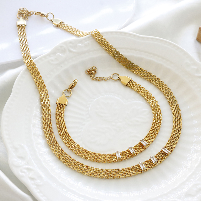 Stainless Steel Jewelry Set 18k Gold Plated Crystal Charm Mesh Belt Chain 6mm Chunky Wide Choker Necklace Bracelet for Women