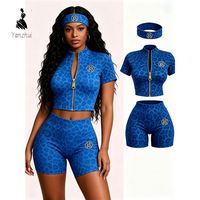 Ensemble de survêtement personnalisé YZ pour femme, imprimé animal, avec logo brodé, haut court zippé à manches courtes, extensible, pour le cyclisme