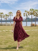 Robe Midi en Dentelle Bordeaux pour Femme, Col en V, Manches Courtes, Broderie, Robe de Soirée pour Invitée de Mariage, Vente en Gros Usine, Commande OEM Personnalisée, Livraison Rapide