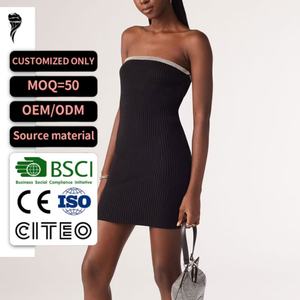 Robe mini moulante noire sexy sans bretelles en maille pour femme, nouvelle collection 2026, avec garniture en strass, idéale pour les soirées en club et cocktails - Product Image 1