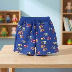 Short en coton bleu uni brodé sur le devant pour bébé garçon, avec taille élastique et poches, style décontracté, tissu peigné - Product Image 1