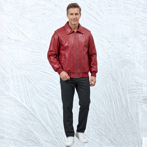 Chaqueta bomber de cuero genuino para hombre, roja, clásica, con cremallera, chaqueta de cuero informal con dobladillo acanalado, ropa de abrigo para invierno - Product Image 1