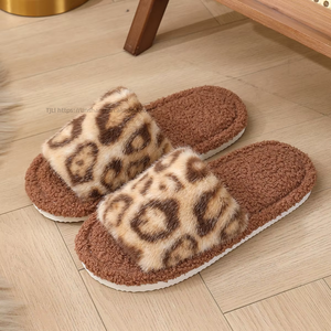 Faux Fur Open Toe Indoor Custom Home <b>Fluffy</b> Leopard Print Slippers Women <b>Fluffy</b> Cotton Slippers - Product Image 6