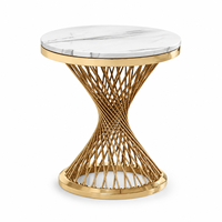 Table d'appoint ronde de luxe en marbre naturel, directement de l'usine, avec base en treillis en acier inoxydable torsadé couleur or champagne