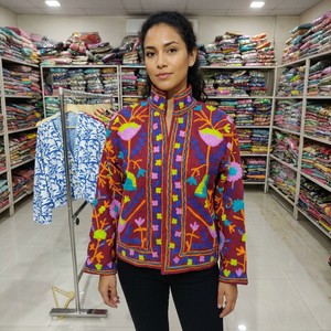 Hand Embroidered Cotton <b>Velvet</b> <b>Jacket</b> for <b>Women</b> Full Sleeve Mandarin Collar Floral Pattern Winter Party Outerwear Elegant Gift - Product Image 1
