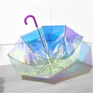 새로운 발명 눈부신 컬러 POE 투명 우산 무지개 빛나는 자동 오픈 패션 레이저 우산 재고 있음
