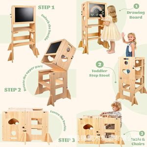 Tour d'apprentissage multifonctionnelle en bois massif pour enfants, tabouret, table à dessin et chaise intégrés, pour les 1-3 ans - Product Image 1