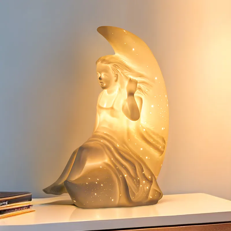 Nuovo design luminoso lampada da scrivania led mezza luna e ragazza ceramica lampada da tavolo lampada da notte per interni per la camera della ragazza