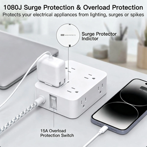 <span class=keywords><strong>Regleta</strong></span> de enchufes múltiples blanca personalizable para montaje en pared con protección contra sobretensiones y cable de extensión trenzado de 5 pies - Product Image 2