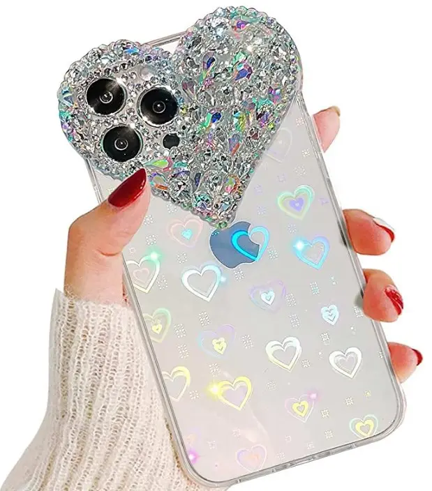 Hot Sale colorful 3d Bling Diamond Laser Love Heart Camera Design Back Cover Mobile Phone Bags and Cases For Iphone 12